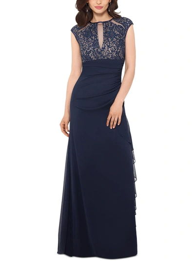Betsy & Adam Womens Ruffled Maxi Evening Dress In Navy,nude