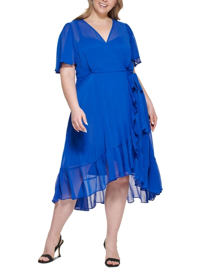 Calvin Klein Plus Size Ruffled Faux-wrap Dress In Blue
