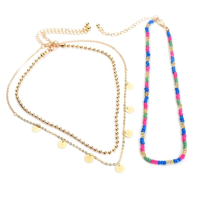 Sohi Pack Of 3 Gold Plated Beaded Necklace In Blue