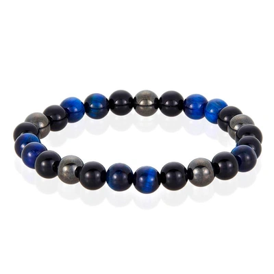 Crucible Jewelry Crucible Los Angeles 8mm Bead Stretch Bracelet Featuring Blue Tiger Eye, Shiny Black Onyx And Magnet