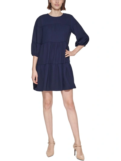 Calvin Klein Womens Tiered Textured Shift Dress In Blue