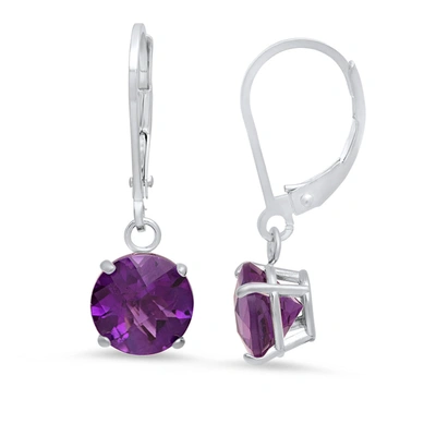 Max + Stone 10k White Gold Round Checkerboard Cut Gemstone Leverback Earrings (8mm) In Purple