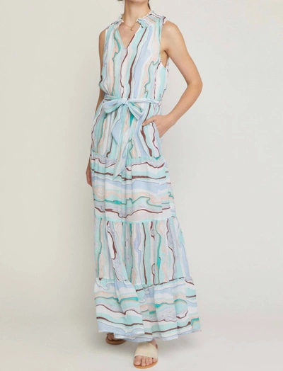 Entro Sleeveless Tiered Maxi Dress In Green Abstract Print In Blue