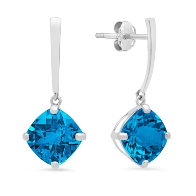 Max + Stone 14k White Gold Solitaire Cushion-cut Gemstone Drop Earrings (8mm) In Blue