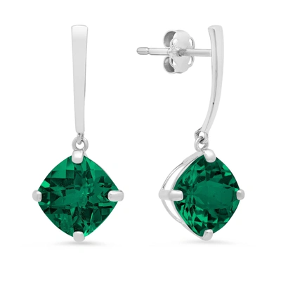 Max + Stone 14k White Gold Solitaire Cushion-cut Gemstone Drop Earrings (8mm) In Green