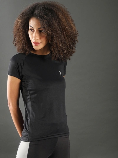 Campus Sutra Solid Women Round Neck Black Sports Jersey T-shirt