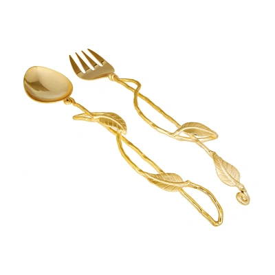 Classic Touch Decor Set Of 2 Gold Salad Servers With Leaf Design - 13.75"l