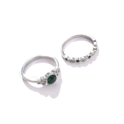 Sohi Pack Of 2 Silver Plated Designer Stone Ring In Green