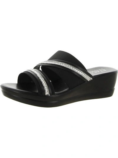 Italian Shoemakers Nindy Womens Faux Leather Rhinestone Wedge Sandals In Black
