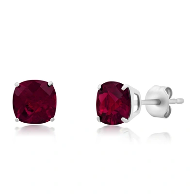 Max + Stone 14k White Gold 6mm Cushion Cut Gemstone Stud Earrings In Red