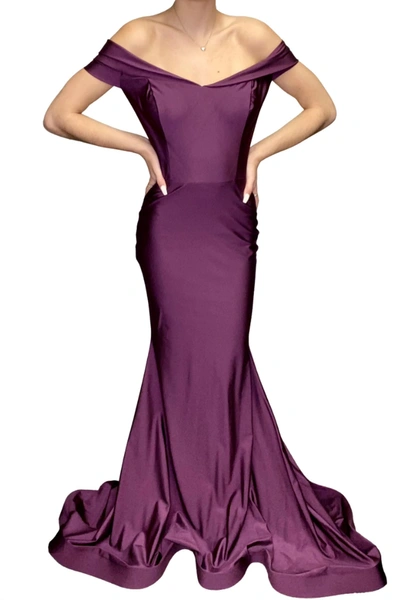 Jessica Angel Off The Shoulder Evening Gown In Eggplant In Purple