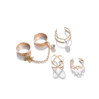 Sohi Set Of 4 Gold-plated White Beaded Finger Rings In Silver