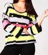 French Kyss 3/4 Stripe Sleeve Holey Crew In Black/multi In Black