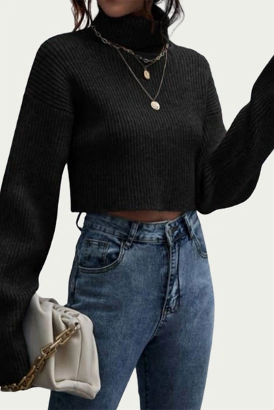 Trend Shop Ribbed-knit Cropped Turtleneck Sweater In Black