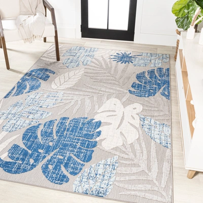 Jonathan Y Monstera Tropical Leaf High-low Indoor/outdoor Light Gray/navy Area Rug