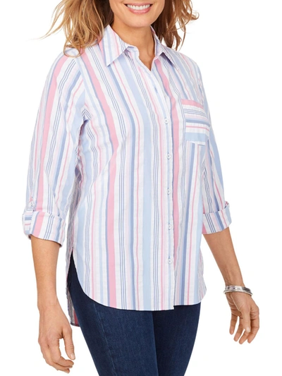 Foxcroft Nyc Millie Womens Collared Striped Button-down Top In Purple