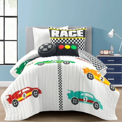 Lush Decor Racing Cars Reversible Oversized Quilt White 4pc Set Twin In Blue