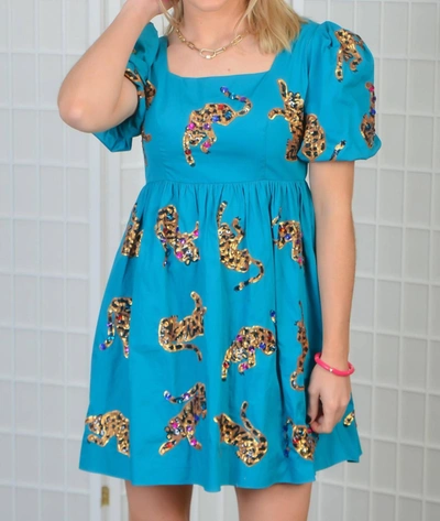Queen Of Sparkles Leapin' Leopards Babydoll Dress In Teal In Blue