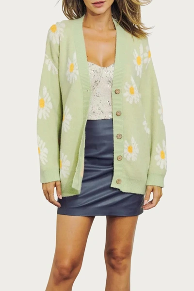 J.nna Retro Floral Knit Button-front Cardigan In Lime In Green