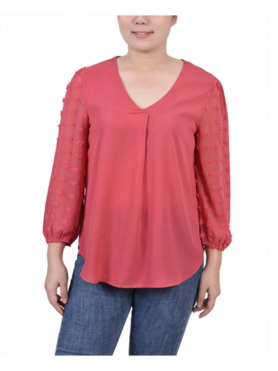 Ny Collection Women's V-neck Blouse Top With 3/4 Jacquard Chiffon Sleeves In Red