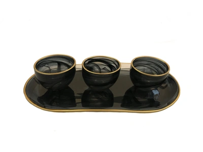 Classic Touch Decor Set Of 3 Bowls With Tray-black Alabaster With Gold Trim-tray