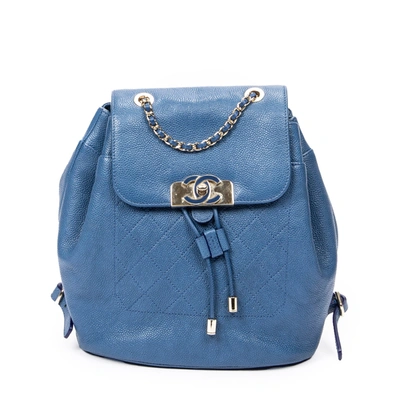 Pre-owned Chanel Cc Turnlock Flap Drawstring Backpack In Blue
