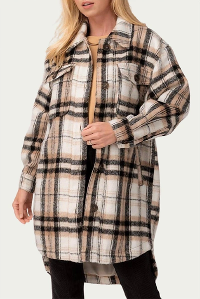 Urban Daizy Long Checked Shirt-jacket In Black Multi In Beige