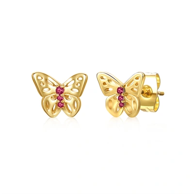Rachel Glauber Ra 14k Yellow Gold Plated With Ruby Cubic Zirconia 3-stone Filigree Butterfly Stud Earrings In Gold-tone