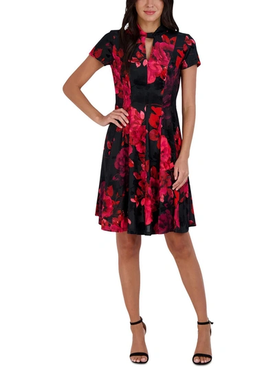 Signature By Robbie Bee Petites Womens Floral Print Cut Out Fit & Flare Dress In Black