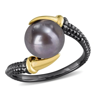 Mimi & Max 9.5-10mm Black Cultured Freshwater Pearl On Two-tone Crossover Ring In Yellow And Black Rhodium Plat