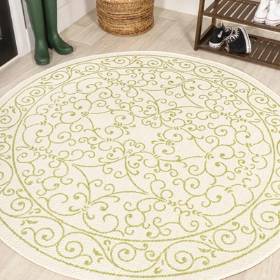 JONATHAN Y CHARLESTON VINTAGE FILIGREE TEXTURED WEAVE INDOOR/OUTDOOR GREEN/CREAM ROUND AREA RUG
