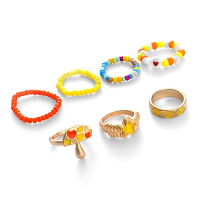 Sohi Pack Of 7 Gold Plated Beaded Designer Ring In Orange
