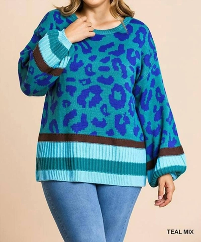 Umgee Plus Animal Print Tunic Sweater In Teal Mix In Blue