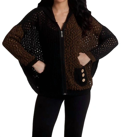 French Kyss Crochet Button Hoodie Poncho In Spiceblack In Black