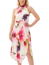 ADRIANNA PAPELL WOMENS FLORAL PRINT MID CALF HALTER DRESS