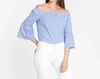 HINSON WU LENA OFF SHOULDER 3/4 SLEEVE MINI GINGHAM TOP IN SKY BLUE/WHITE