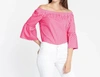 HINSON WU LENA OFF SHOULDER 3/4 SLEEVE MINI GINGHAM TOP IN MAGENTA/WHITE