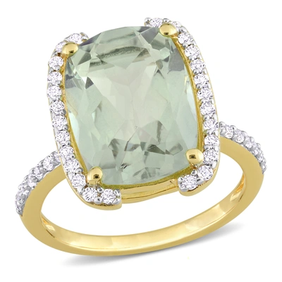 Mimi & Max Womens 6 7/8ct Tgw Cushion-cut Green Quartz And White Topaz Semihalo Ring In Yellow Plated Sterling
