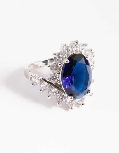 Lovisa Rhodium Cubic Zirconia Vintage Sapphire Oval Ring In Blue