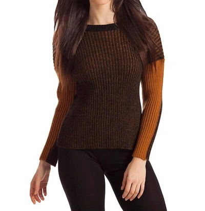 French Kyss Maggie Two Tone Ribbed Sweater In Blackmustard In Brown