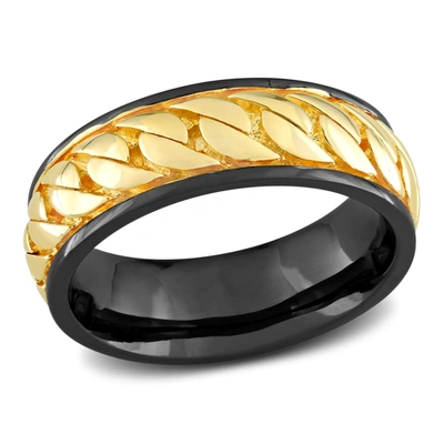 Mimi & Max Ribbed Design Men's Ring In Sterling Silver With Black Rhodium And Yellow Gold Plating