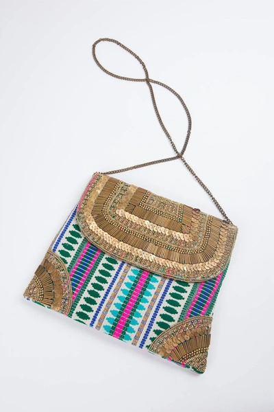 Ethnique Maharani Handmade Clutch Cross-body Bag In Gold In Multi