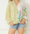 ENTRO FLORAL CONTRAST PRINT V-NECK BLOUSE IN LEMON AND GREEN