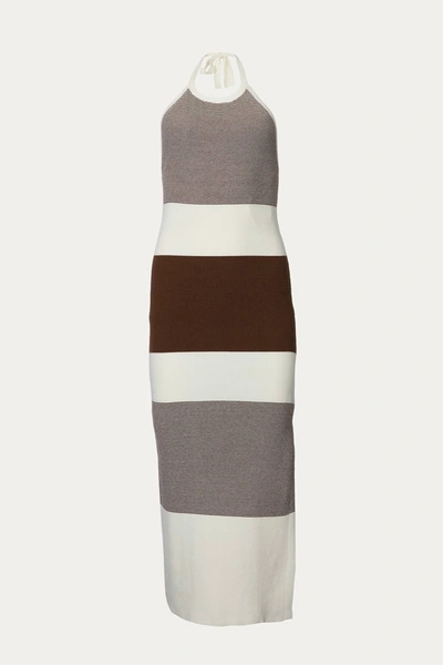 Endless Blu. Halterneck Ribbed-knit Midi Dress In Ivory/dark Chocolate In Grey