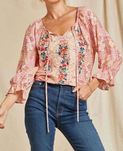 Savanna Jane Aztec Three Quarter Sleeve Embroidered Blouse In Multi In Pink