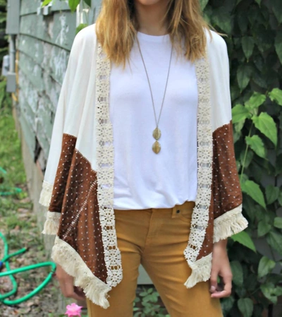 Judith March Duster With Laser Cut Suede And Fringe Details In Ivory/brown