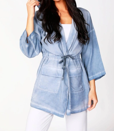 French Kyss Jennifer Hooded Long Trench Coat In Denim In Blue