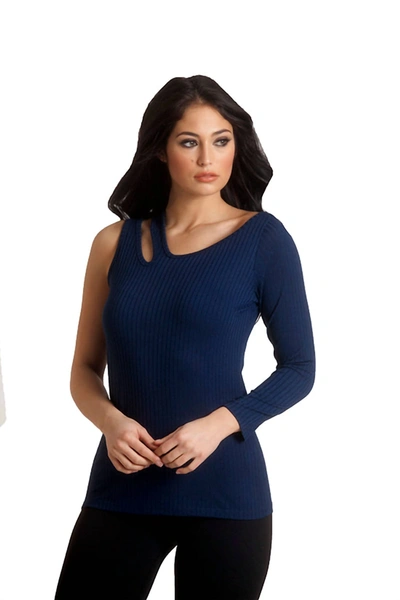 French Kyss Asymmetrical Sleeve Top In Navy In Blue