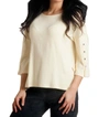 French Kyss Adriana Kashmira 3/4 Button Sleeve Sweater In Yellow In Beige