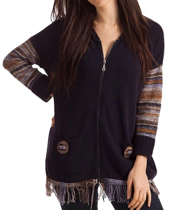 French Kyss Mckenna Zip Hoodie W/ Fringe In Black Multi In Purple